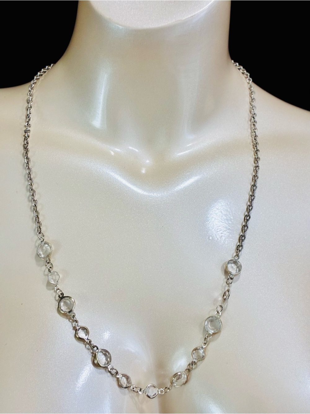 Silver Chain Necklace with Clear Crystal Bezeled Links for Women Casual EUC
